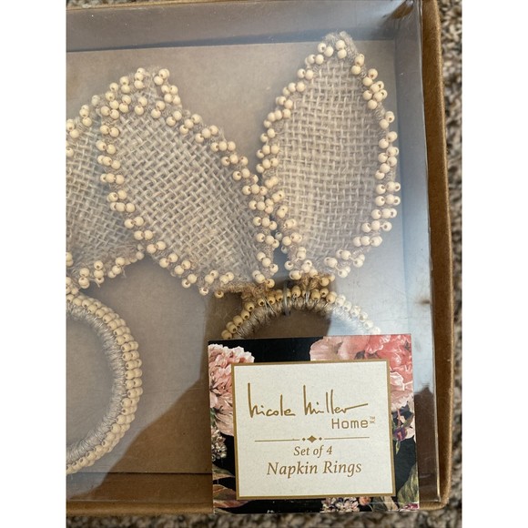 NICOLE MILLER Easter BUNNY EARS Napkin Rings Natural Jute Burlap BEADED Set Of 4 - Picture 2 of 2
